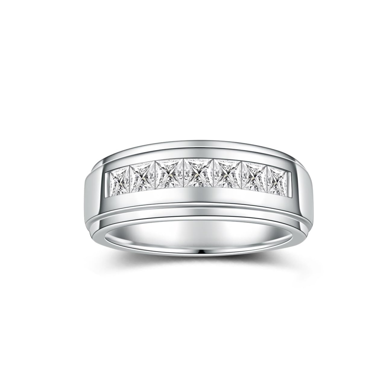 2.1 Carats 7 Stone Princess Cut Moissanite Rings for Men Women Moissanite Eternity Wedding Band Ring D Color VVS1 Lab Diamond Channel Set Sterling Silver with 18K White Gold Plated Men Diamond Ring