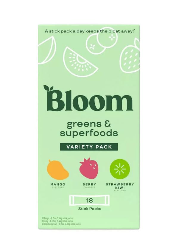 Bloom Greens and Superfoods Powder - Variety Pack (18 Packets) Probiotics for Digestive Health & Bloating Relief for Women Digestive Enzymes Superfoods Gut Health