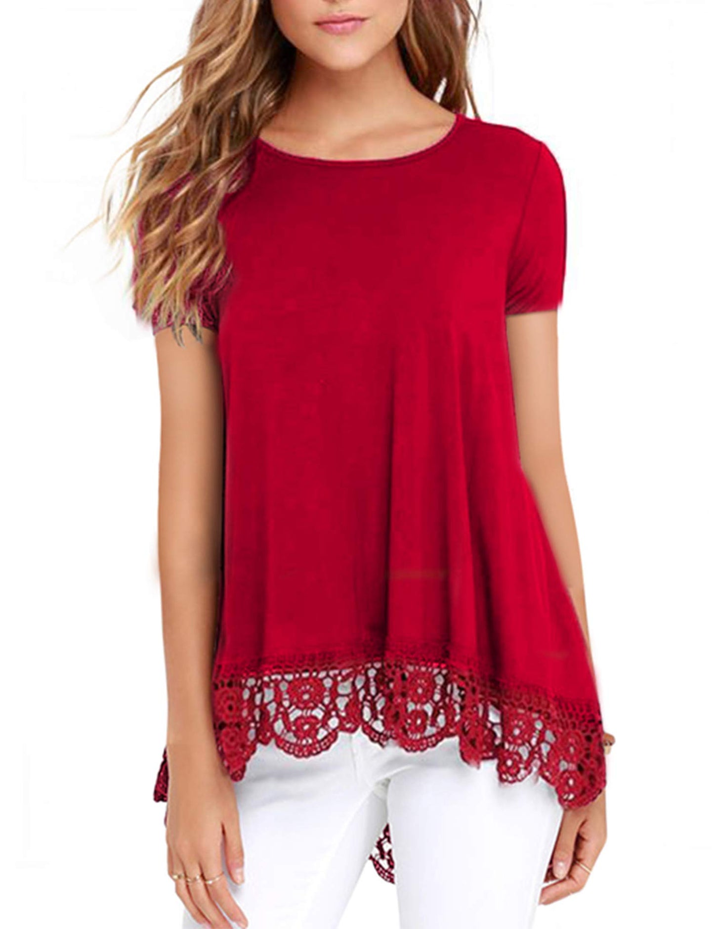 RAGEMALL Womens Tops Short Sleeve Lace Trim O-Neck A-Line Tunic Blouse Tops for Women Red XXL