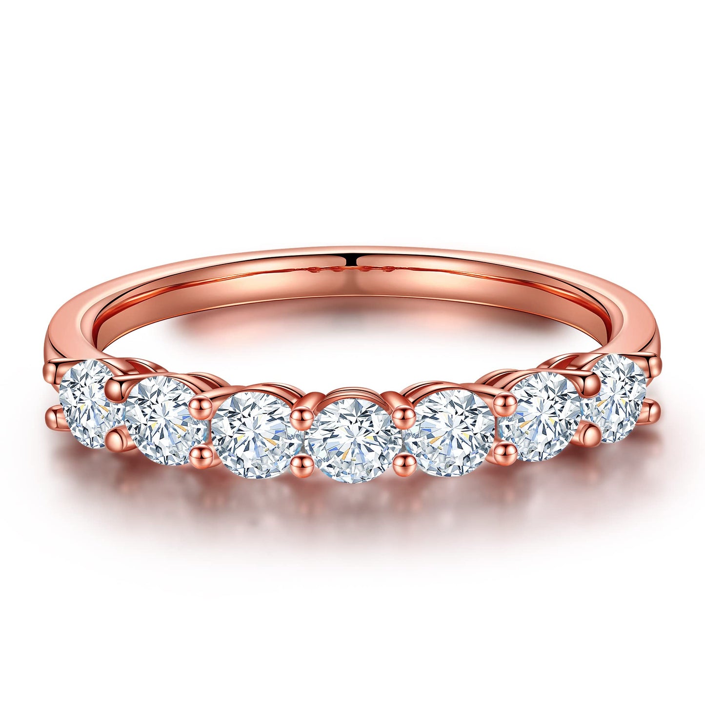 MOOSEA Moissanite 7 Stone Rings for Women 3MM D Color VVS1 Clarity Conflict-Free Lab Created Anniversary Rings 18K Rose Gold Filled Moissanite Wedding Band for Women Promise Rings Gifts