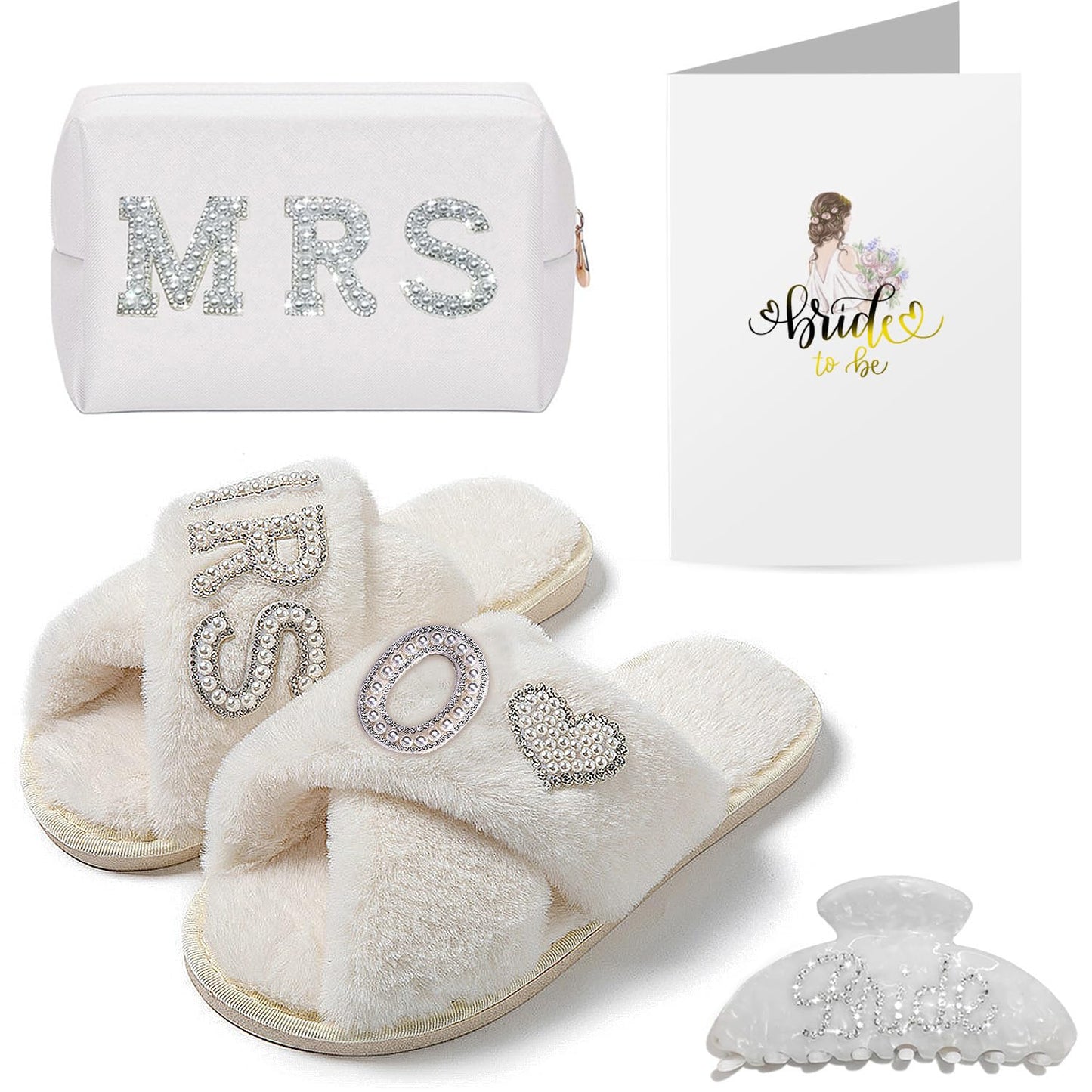Initial Bride Gifts Personalized Bridal Shower Gifts Set MRS Cosmetic Bag Bride Hair Clip Wedding Gifts for Bride Pearl Rhinestone Bride Gifts for Women (O)