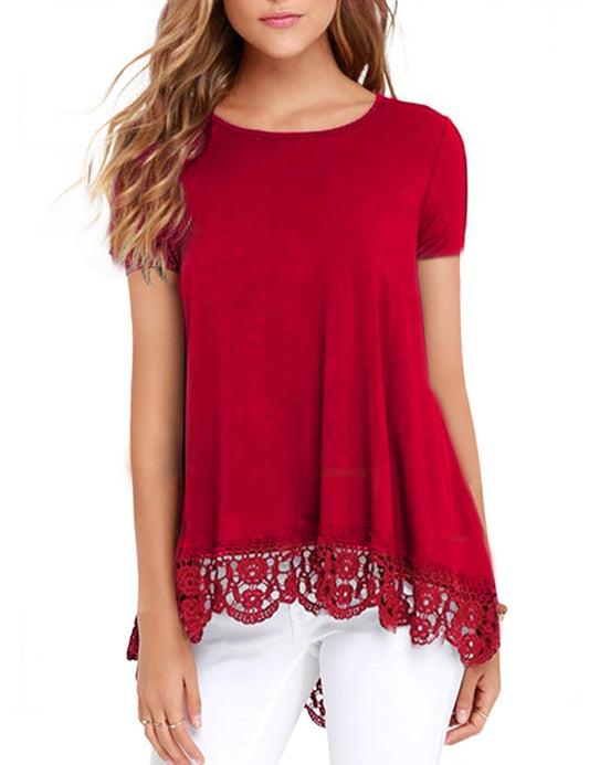 RAGEMALL Womens Tops Short Sleeve Lace Trim O-Neck A-Line Tunic Blouse Tops for Women Red XXL