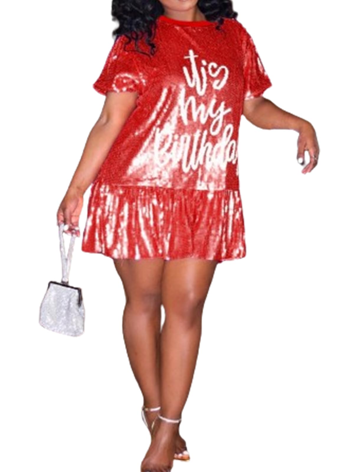 Women Sequin Glitter Letter Print Short Sleeve O-Neck Falbala Party Club Mini T-Shirt Dress Red M