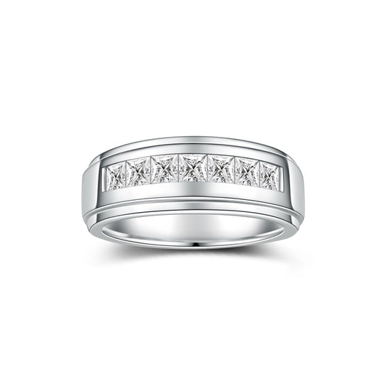 2.1 Carats 7 Stone Princess Cut Moissanite Rings for Men Women Moissanite Eternity Wedding Band Ring D Color VVS1 Lab Diamond Channel Set Sterling Silver with 18K White Gold Plated Men Diamond Ring