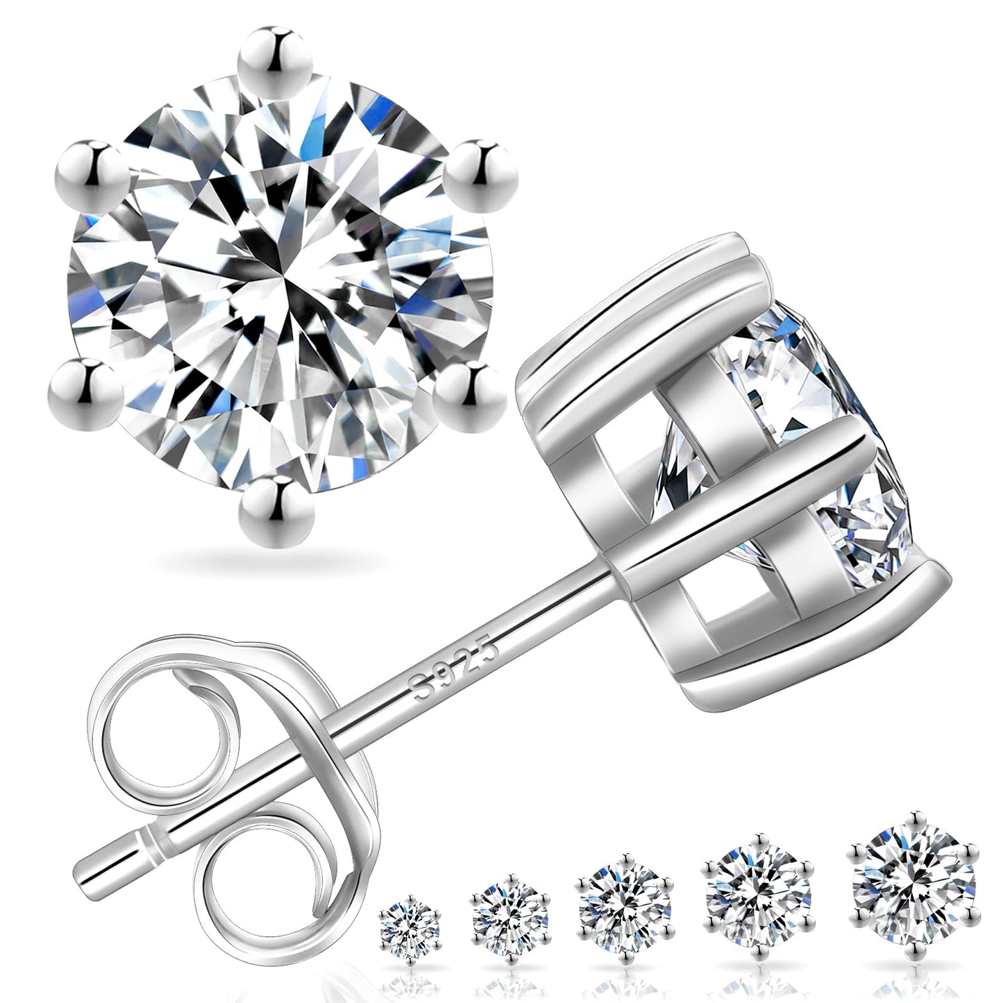 KRKC&CO Moissanite Studs Earrings Sparkly Lab Created Earrings S925 Sterling Silver 6-Prong 0.6-3CT D Color VVS1 14K White Jewelry Gifts for Women(5mm 0.5ct*2 silver 6p)