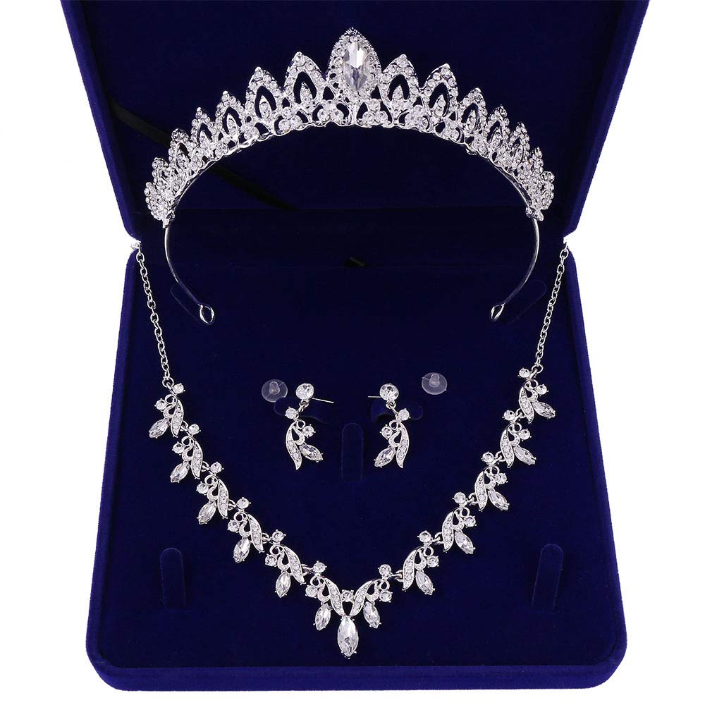 SHYMMUO Bridal Jewelry Set for Wedding Crystal Crown Necklace Earrings Womens Jewelry Set for Wedding Bridesmaid Party Birthday Prom Style H Silver…
