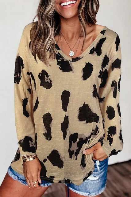 Leopard Print Loose Casual V-Neck T-Shirts for Women