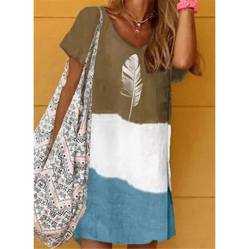 Casual V-Neck Knitted Print Loose Dress for Women