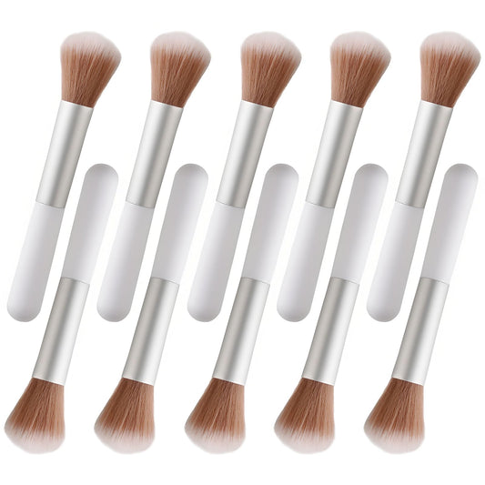 10-Piece Set Fluffy Beauty Makeup Brushes Portable Blending Brushes with Eyebrow and Powder Application White Mushroom-Design Plastic Travel Brushes for Makeup
