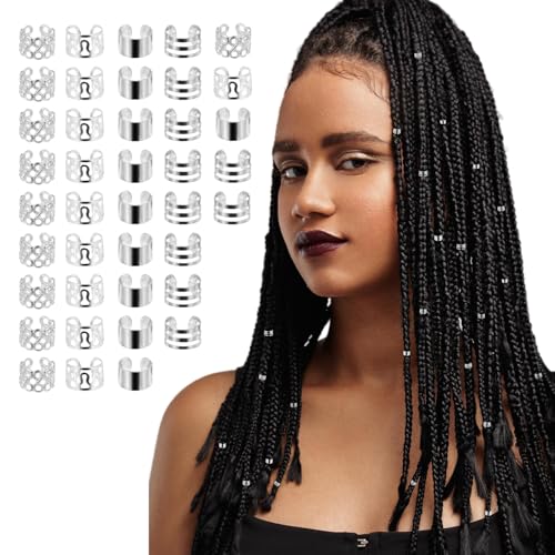 Giantree 40 Pcs Silver Hair Jewelry for Braids Loc Jewelry for Hair Dreadlock Metal Silver Hair Cuffs Hair Rings Clips Hair Braids Jewelry Decorations for Women and Men Dreadlock Accessories