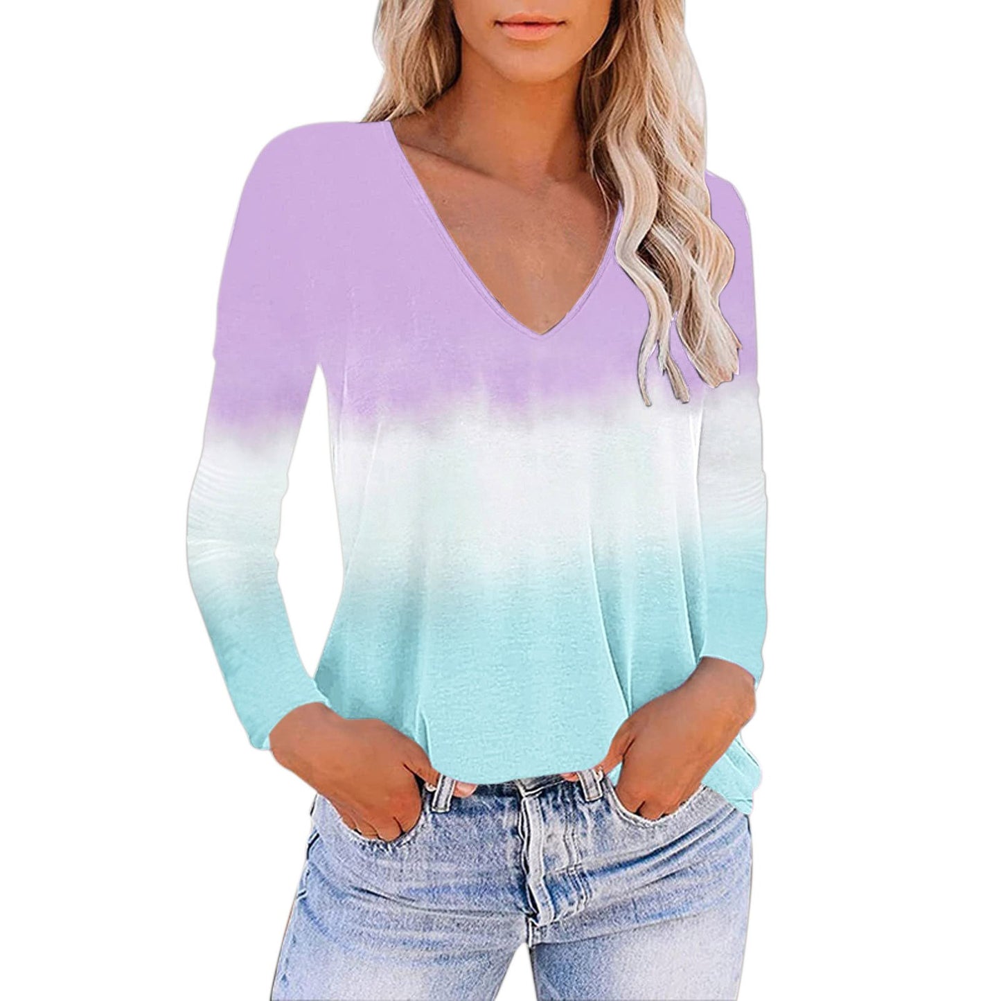 V-neck Gradient Print Loose T-shirt for Women