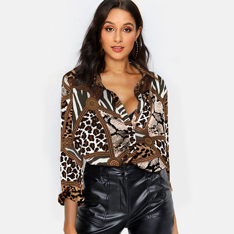 Leopard Print V-Neck Chiffon Shirt for Women