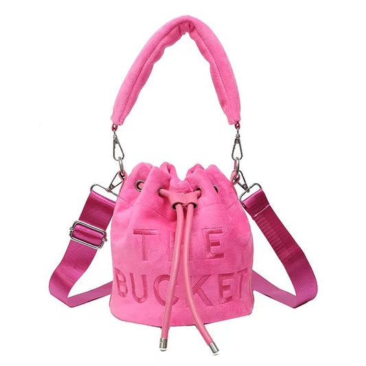 JQAliMOVV Bucket Bags for Women Mini Bucket Bag Purses Soft Plush Crossbody Bucket Bags Drawstring Handbags Hobo Bag (Rose Red)