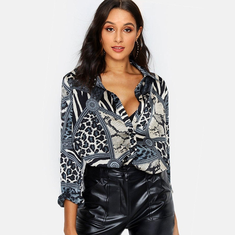 Leopard Print V-Neck Chiffon Shirt for Women