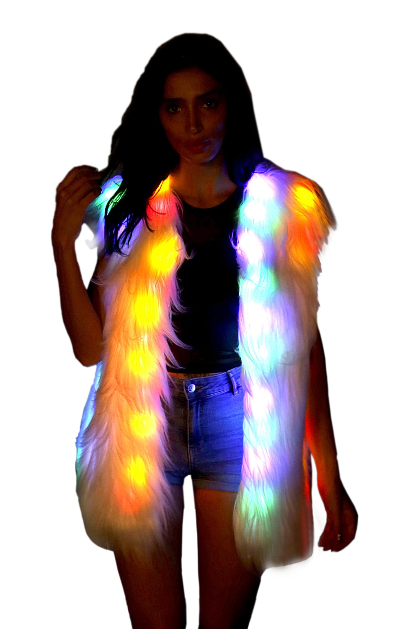 O-MAYEVER LED Light up Jacket For Women and Men Glow White Faux Fur Vest For Rave Parties Halloween