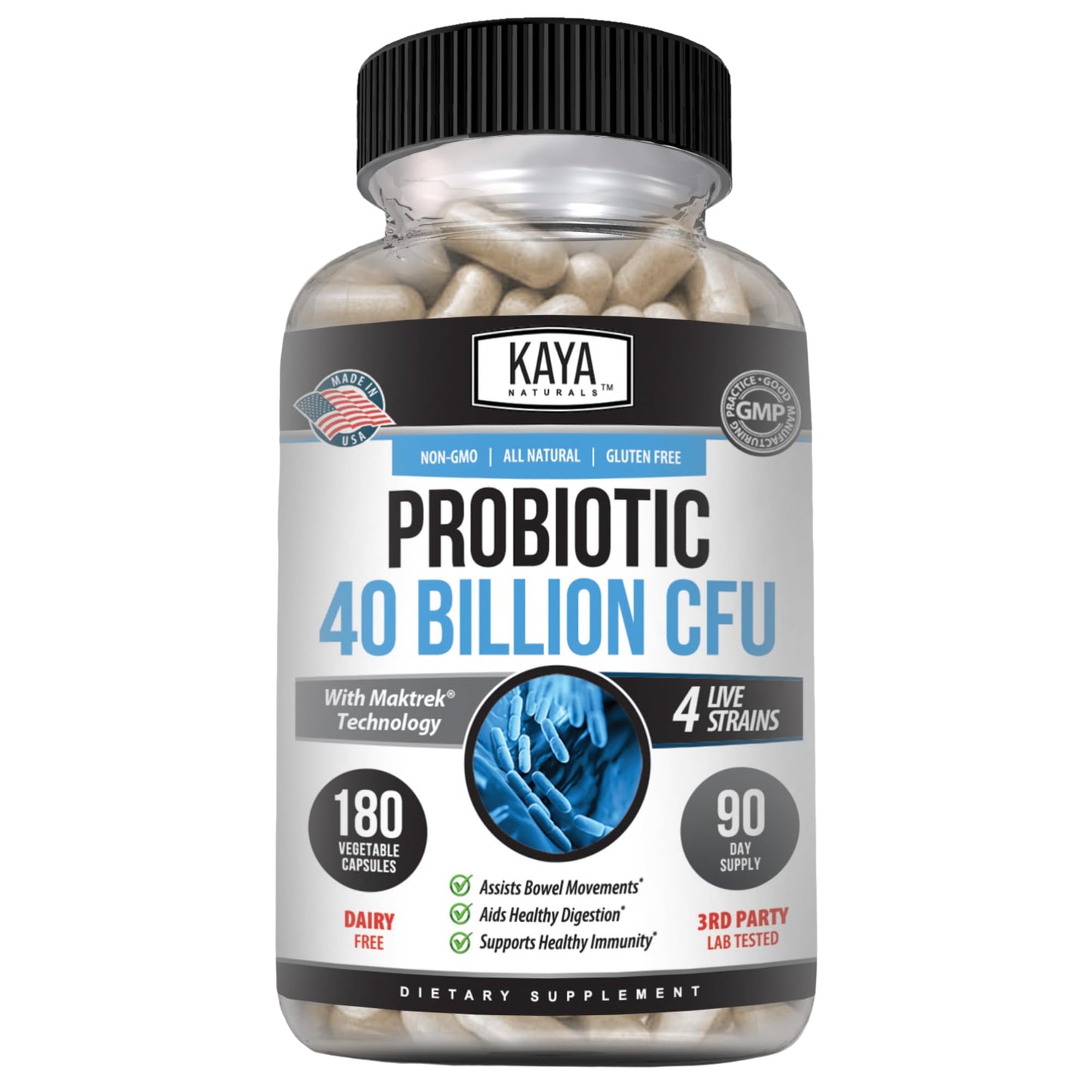 Kaya Naturals Probiotic 40 Billion CFU | Probiotics for Women Probiotics for Men and Adults Natural | Gut Health & Immune Support Supplement | Promotes Digestive Health - 180 Count