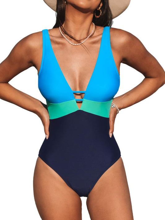 CUPSHE Women One Piece Swimsuit Bathing Suit Cutout V Neck Adjustable Straps Color Block O Ring L