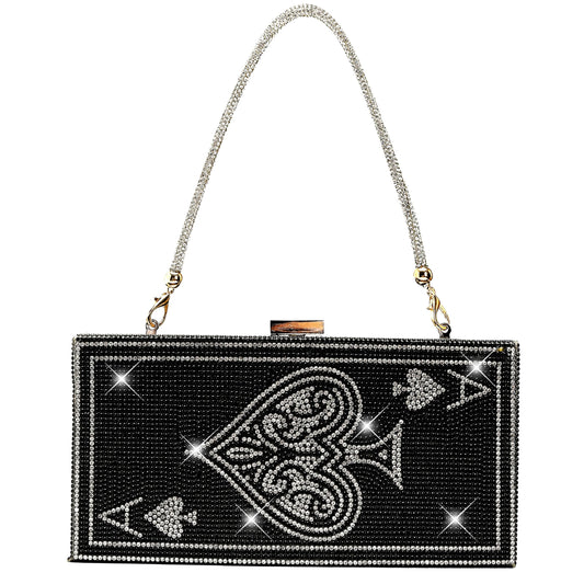 Sobymy Poker Card Queen Evening Bags and Clutches Ace of Spades Hearts Diamond Bling Rhinestone Women Evening Handbags Purse(BlackAce of Spades)