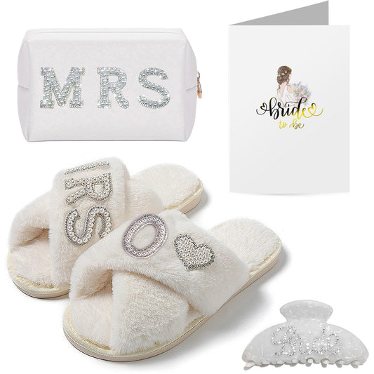 Initial Bride Gifts Personalized Bridal Shower Gifts Set MRS Cosmetic Bag Bride Hair Clip Wedding Gifts for Bride Pearl Rhinestone Bride Gifts for Women (O)