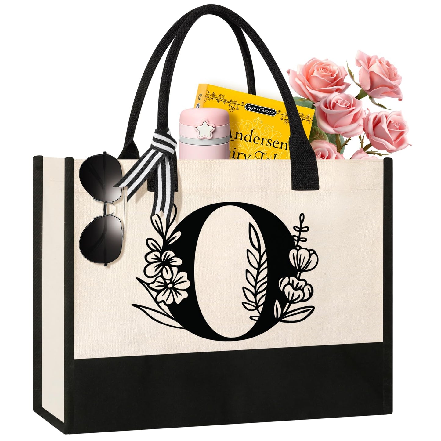 Personalized Initial Canvas Tote Bag Suitable for Birthday Wedding Beach Holiday Gifts for Women Mom Teachers Nurses Best Friends Bridesmaids (O)