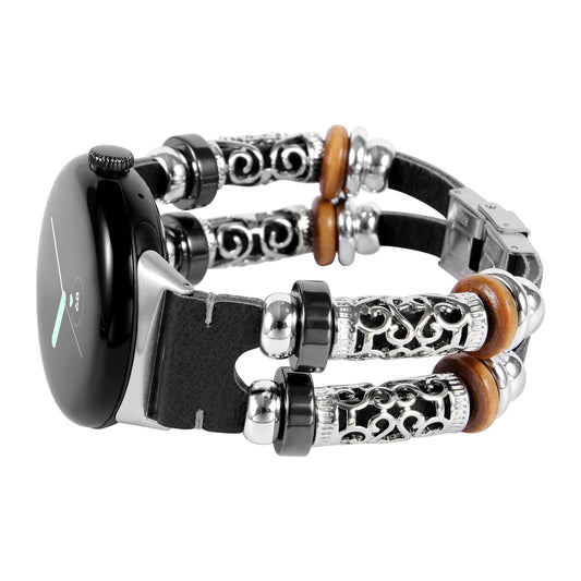 KONAFEI Compatible with Google Pixel Watch 2 (2023)/ Pixel Watch Band Slim Handmade Leather Bracelets Boho Bead Metal Jewelry Retro Strap Wristband Accessories for Women and Men A-Black