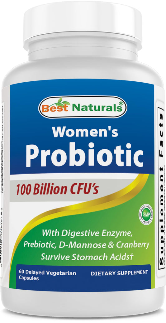 Best Naturals Probiotics for Women 100 Billion CFU - 10 Strains + Prebiotics Fiber + Digestive Enzyme Blend + Womens Health Herbal Blend - Immune Digestive & Gut Health - 60 Deleyaed Capsules