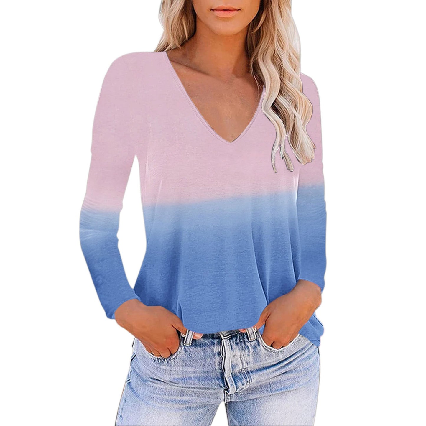 V-neck Gradient Print Loose T-shirt for Women