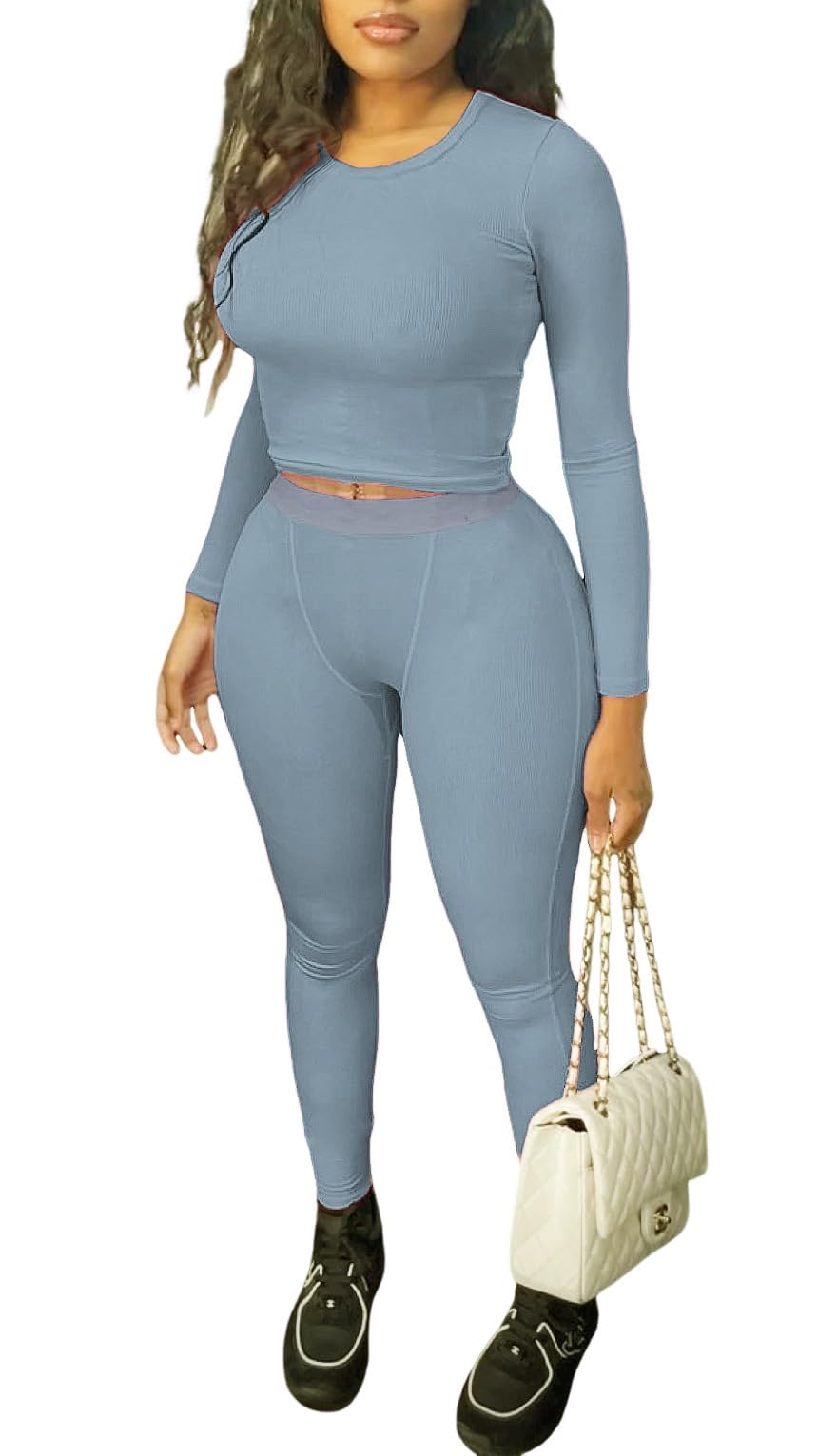 YETOWA Lounge Wear Ribbed Casual 2 Piece Tracksuit Set Women Solid Skinny Long Sleeve O-Neck Top+Elastic Leggings