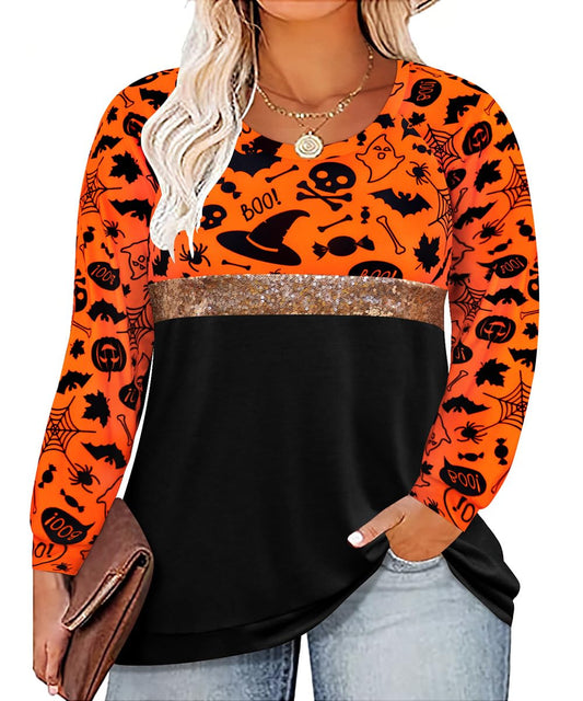 RITERA Plus Size Tops for Women Long Sleeve Colorblock Shirts Casual O Neck Tees Orange Halloween 4XL