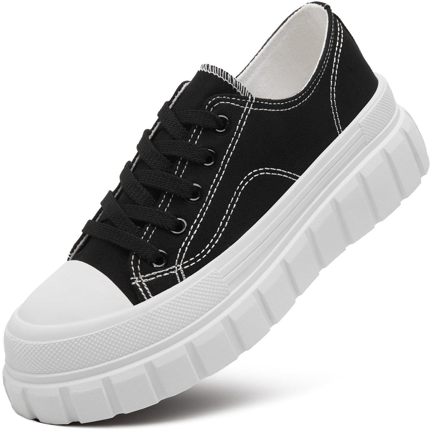 HYPOCRUTE Platform Sneakers for Women Low Top Canvas Shoes Womens Lace Up Platform Shoes Casual Walking Shoes for Women（BlackUS6）