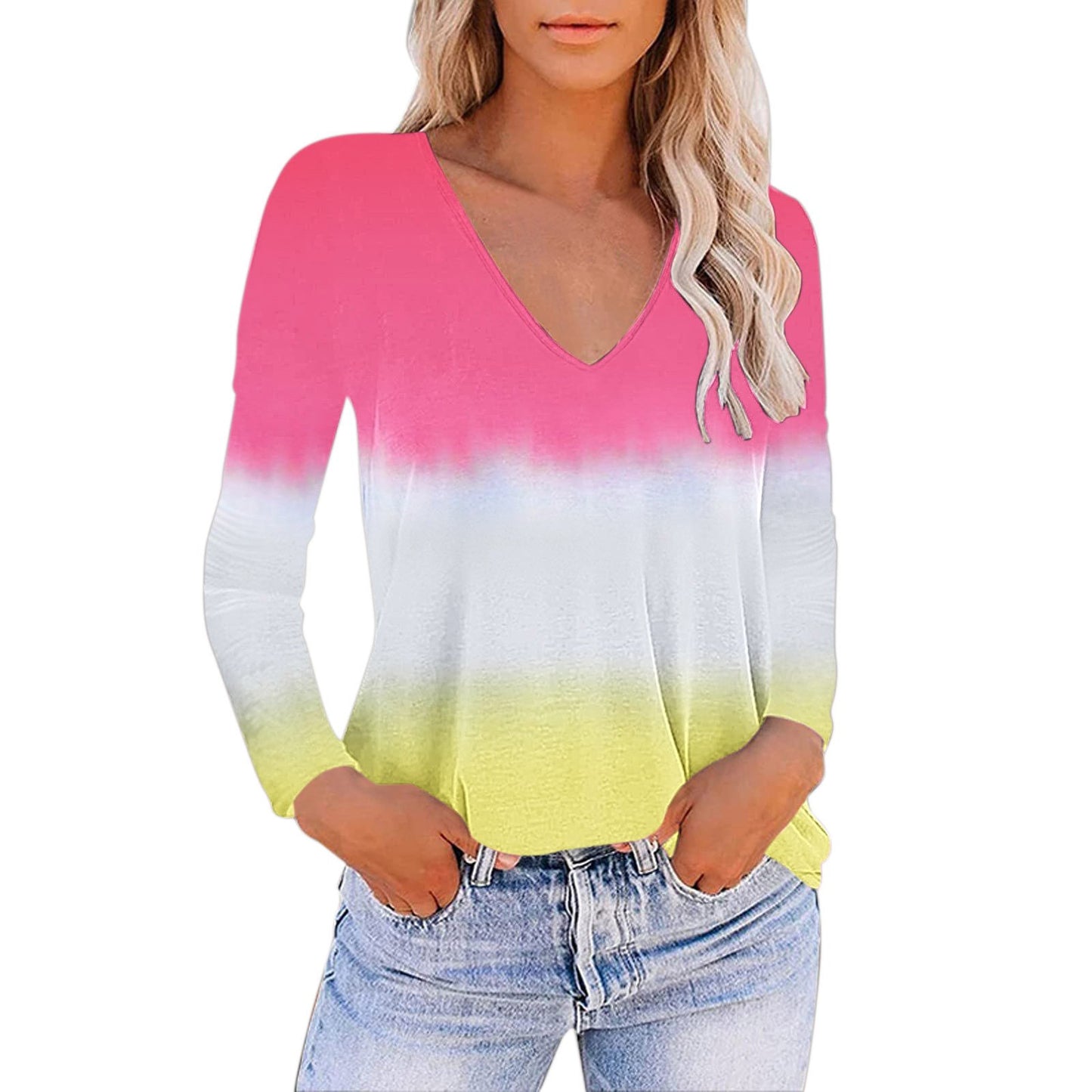 V-neck Gradient Print Loose T-shirt for Women