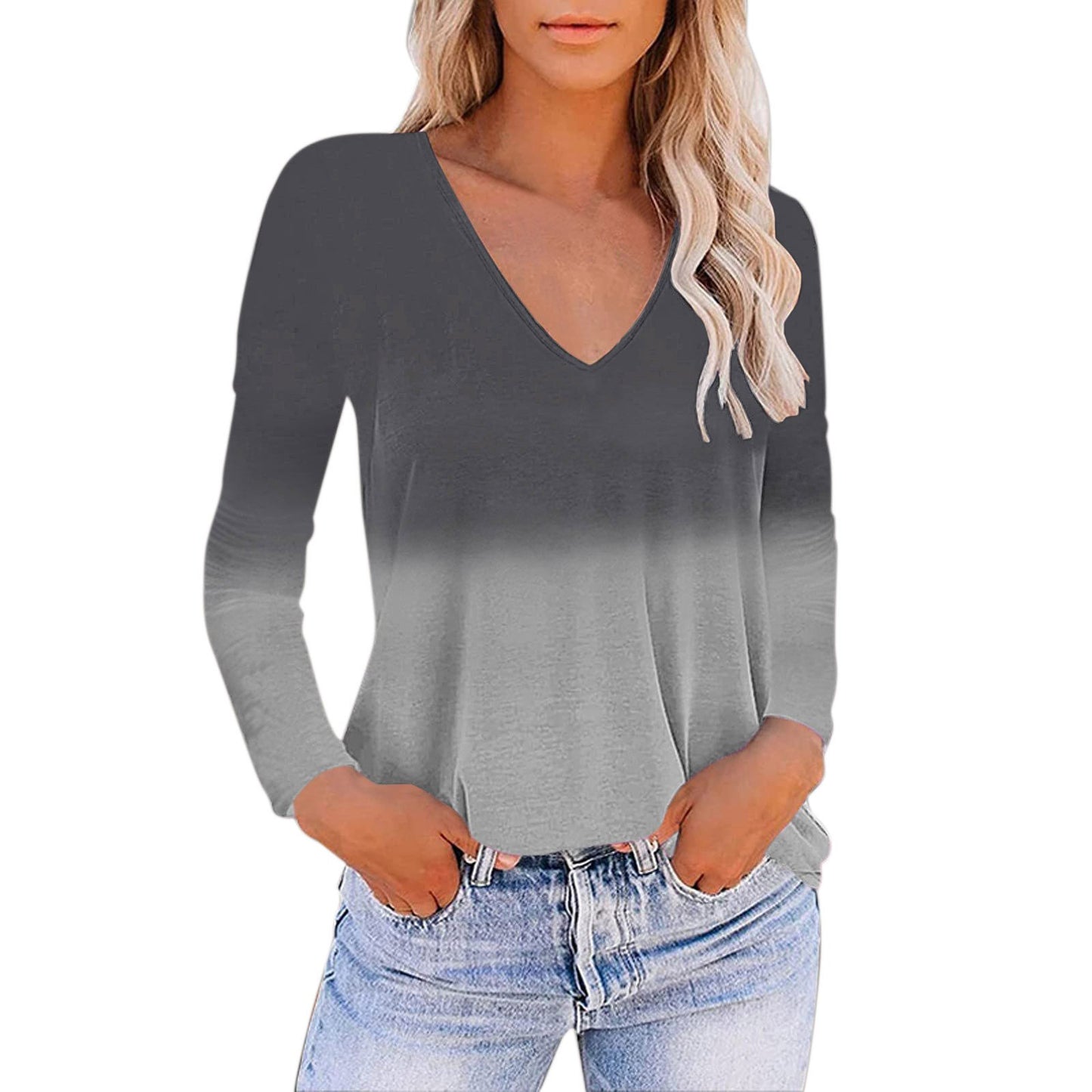 V-neck Gradient Print Loose T-shirt for Women
