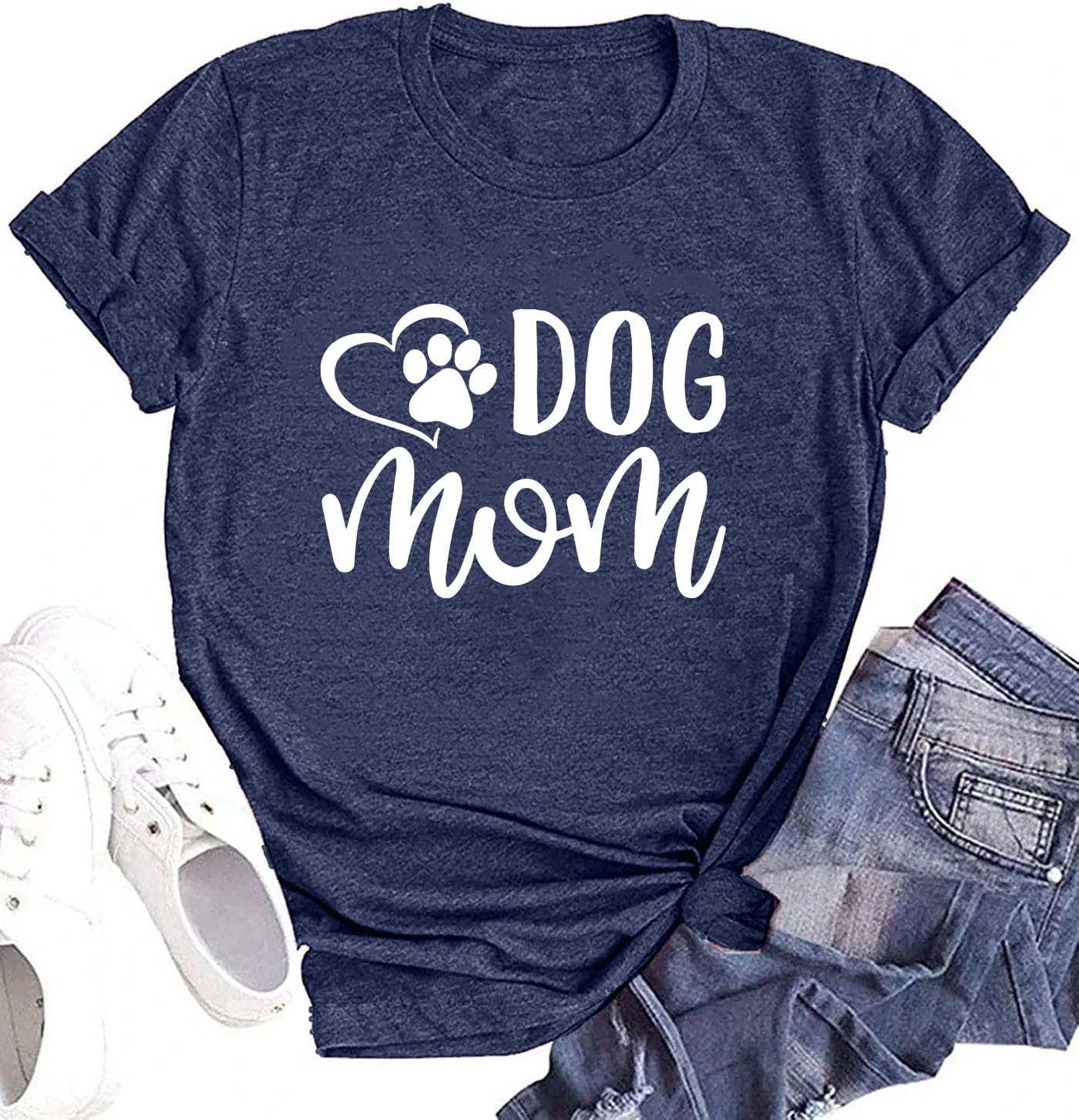 Dog Mom Shirts for Women Cat Dog Paw Graphic O Neck Short Sleeve Gifts Girls Heart Tee Tops Darkblue S
