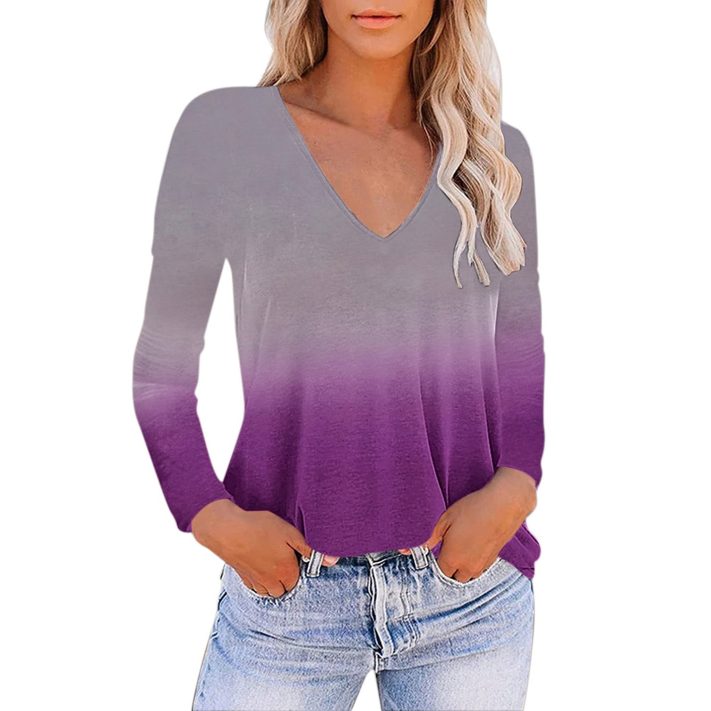V-neck Gradient Print Loose T-shirt for Women