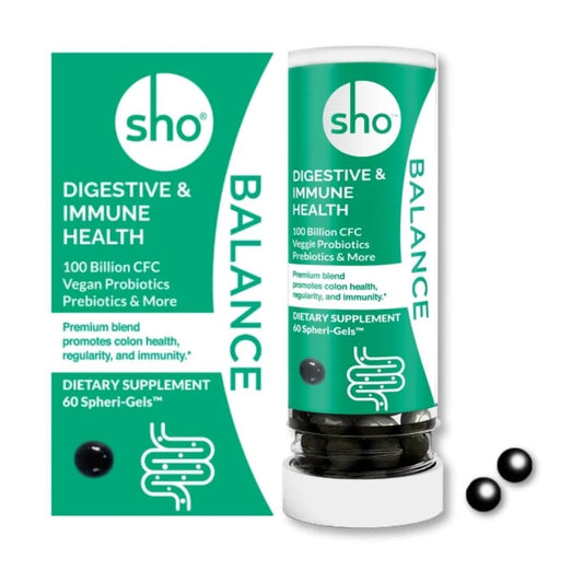 SHO Balance 100 Billion CFU Prebiotics & Probiotics for Digestive Health Gut Health Vegan Supplement for Women & Men Lactobacillus Casei | Shelf Stable Bottle 60 Pills