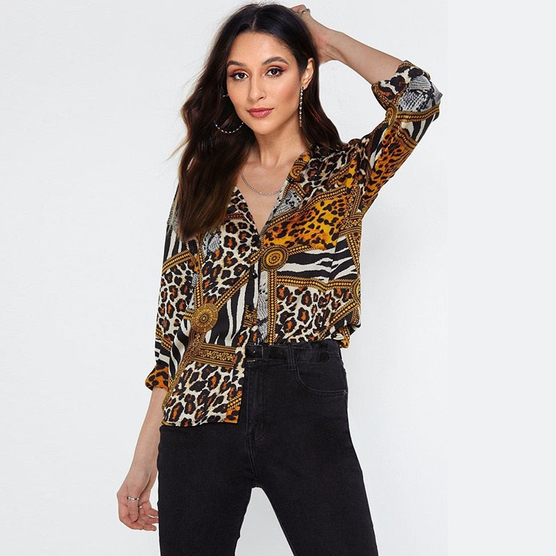Leopard Print V-Neck Chiffon Shirt for Women
