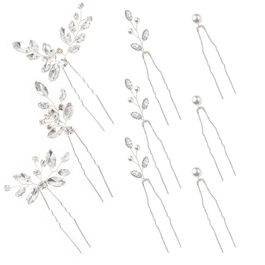 Yandino 9 Pieces Bride Wedding Hair Pins Bridal Hair Accessories Set Jewelry Bridesmaids Silver HairPiece for Women and Girls