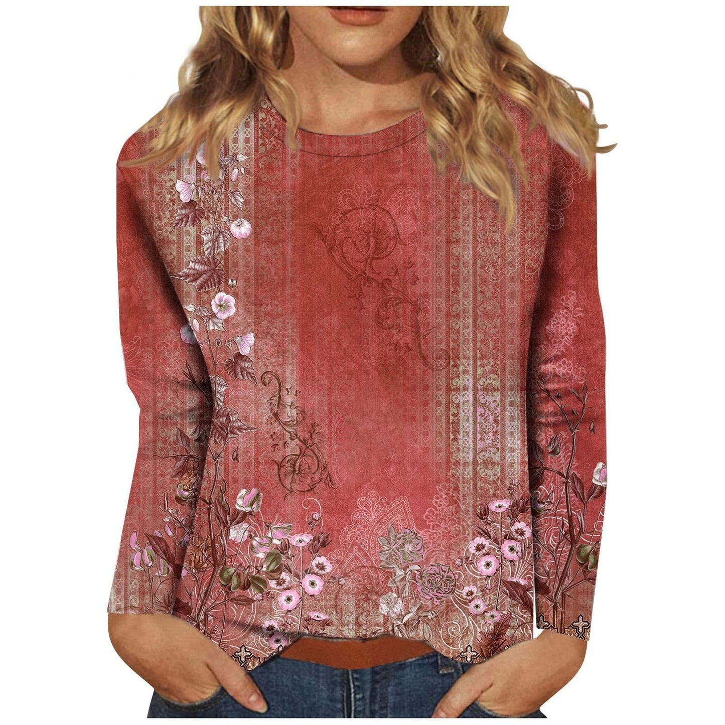 Fall Tops for Women 2024Long Sleeve Shirts for Women Casual O-Neck Loose Fit Oversized Tshirts Tunic Tops Floral Print Oversized T Shirts for Women Womens Blouses and Tops Dressy (Red2X)
