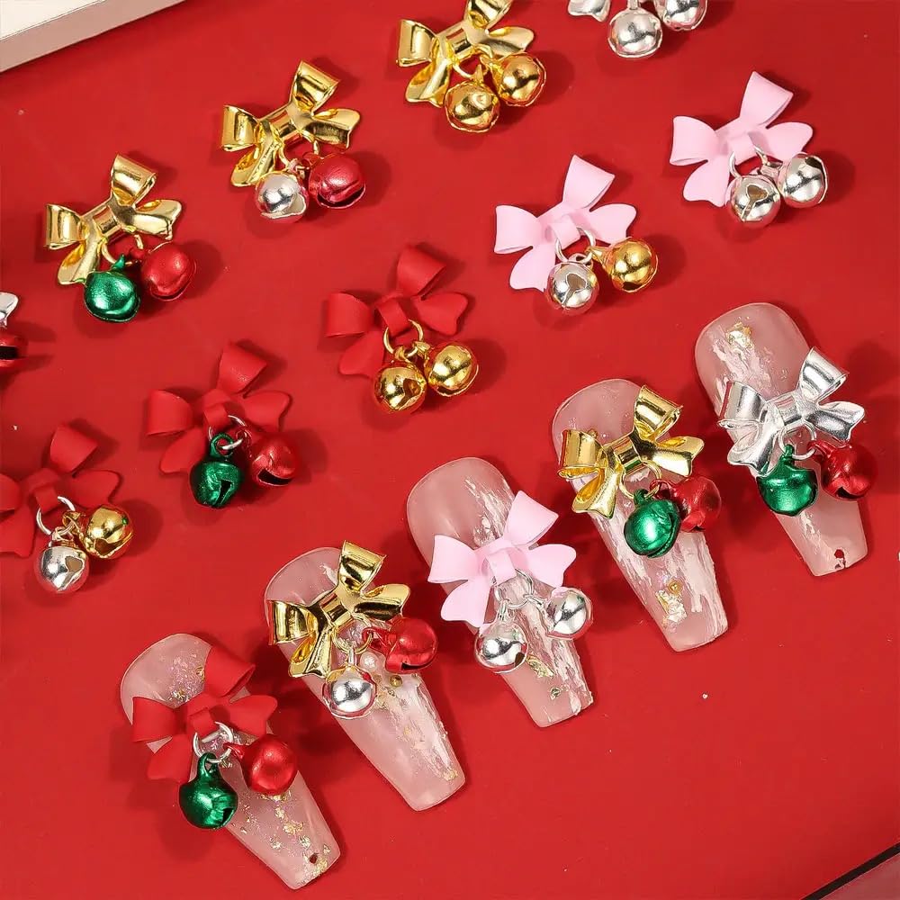 30Pcs Christmas Bell Nail Charms Gold Silver Bell Xmas Nail Charms for Acrylic Nails Red Green Alloy Bell Nail Gems and Charms Nail Jewelry for Women DIY Nail Decoration Accessories