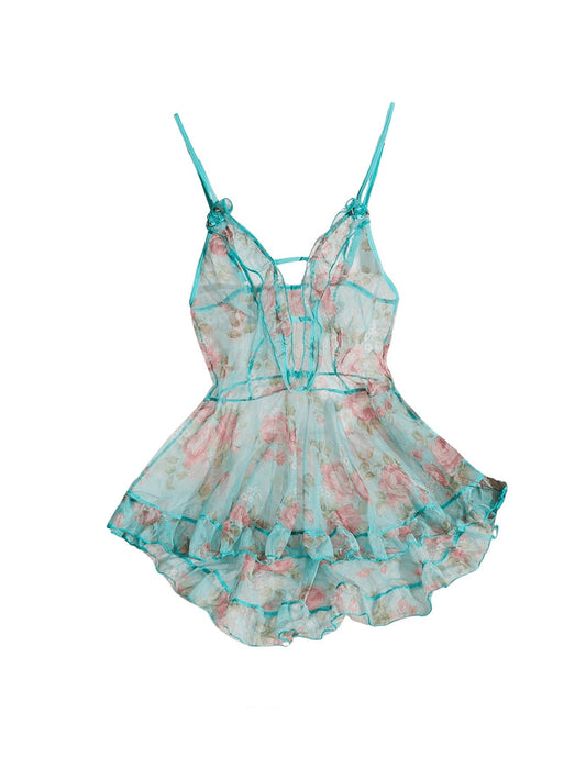 RoseSeek Womens Babydoll Lingerie Floral Mesh Frill Ruffle Babydoll Lingerie Dress Chemise Nightgown Blue Medium