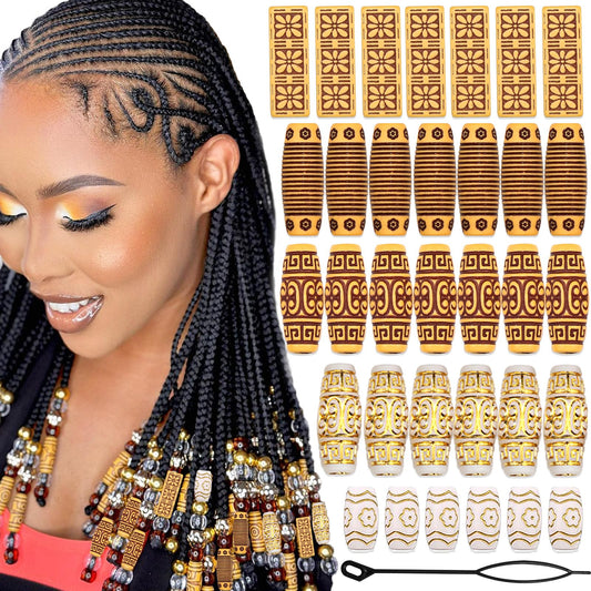 VENOFEN 36PCS Hair Beads for Braids Wooden Beads for Hair Dreadlock Loc Jewelry Long Tube Beads for Hair Multi Style Wood Beads Hair Decoration Braid Accessories for Women and Men